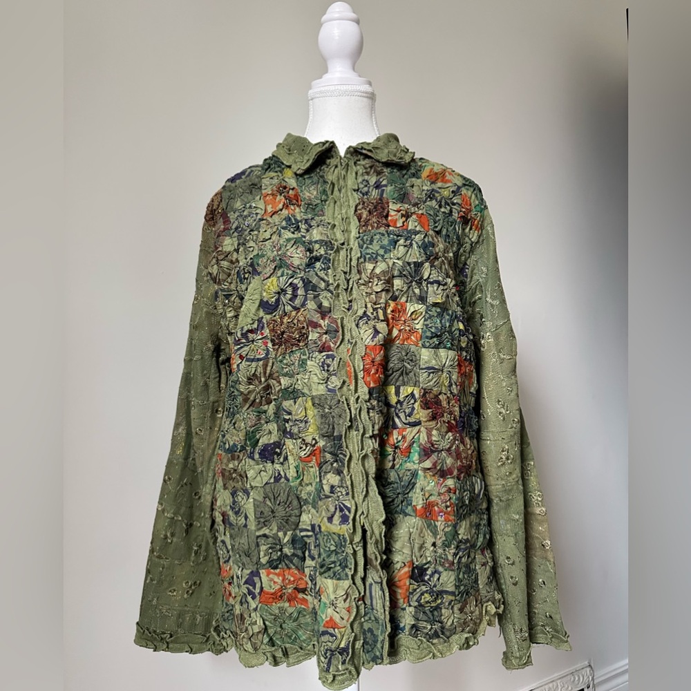 PARSLEY & SAGE Green Patchwork Lace Rainbow Lagenlook Arsty Button Down Size XL